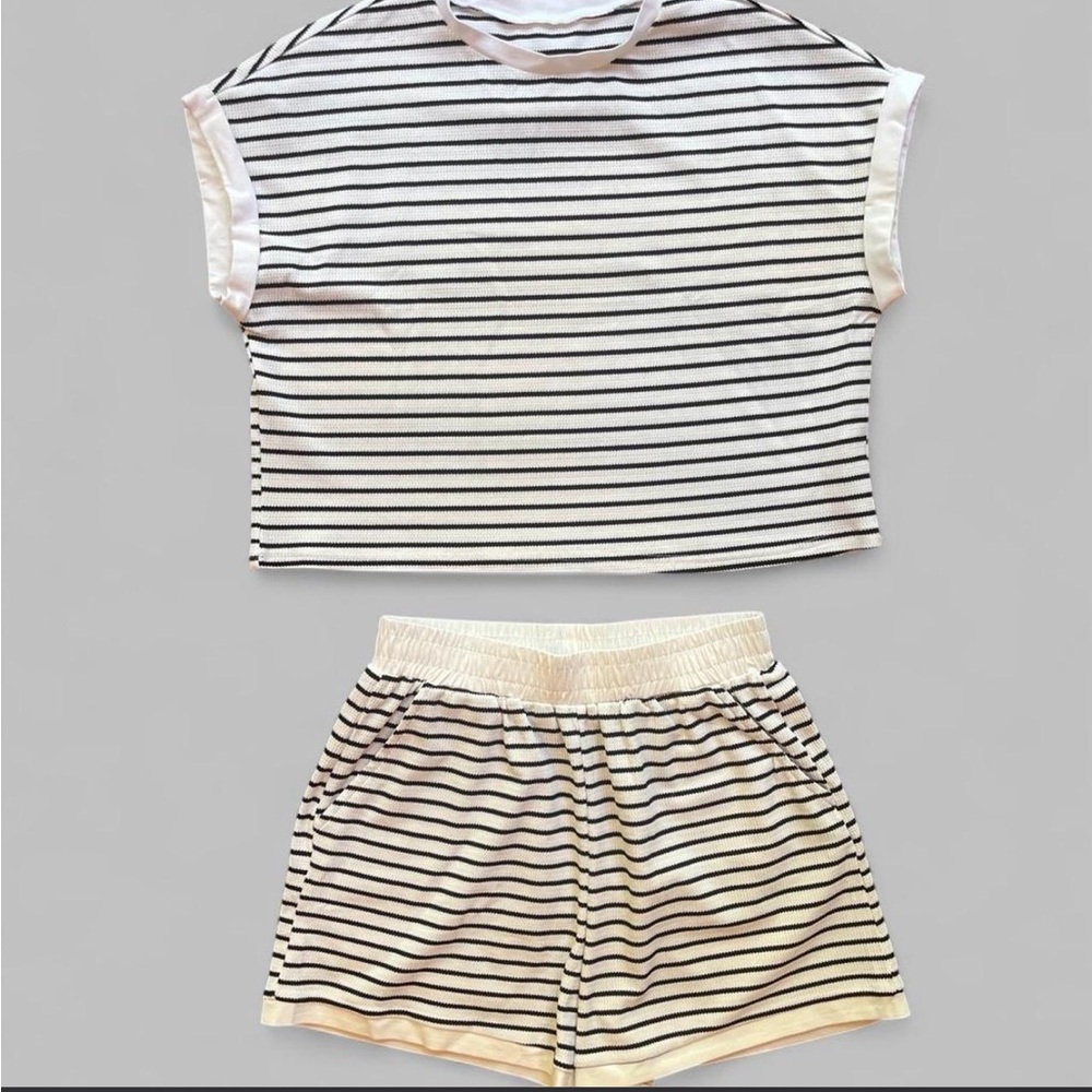 Classic Black & White Stripe Women’s Tee Shirt and Shorts Set
